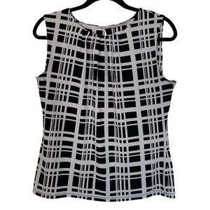 CALVIN KLEIN Women’s Sleeveless Top Pleated Neckline Keyhole Black White Print M
